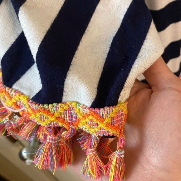 Entro Navy and White Striped Shirt with Neon Tassels Fringe Medium - Picture 5 of 8